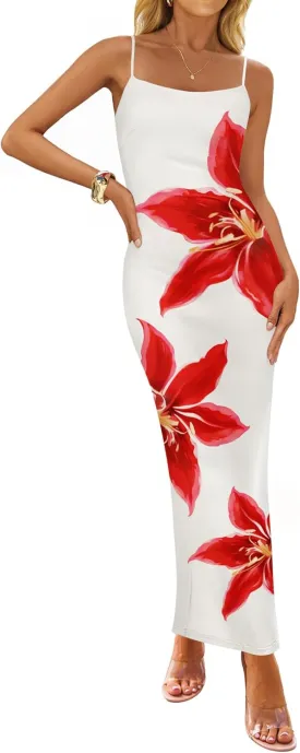 ZESICA Womens Summer Bodycon Maxi Dresses 2025 Floral Spaghetti Strap Square Neck Sleeveless Boho Beach Long Dresses