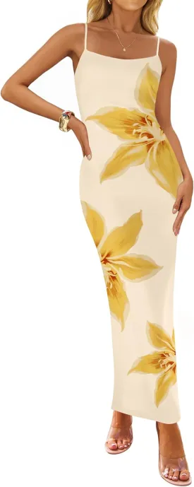 ZESICA Womens Summer Bodycon Maxi Dresses 2025 Floral Spaghetti Strap Square Neck Sleeveless Boho Beach Long Dresses